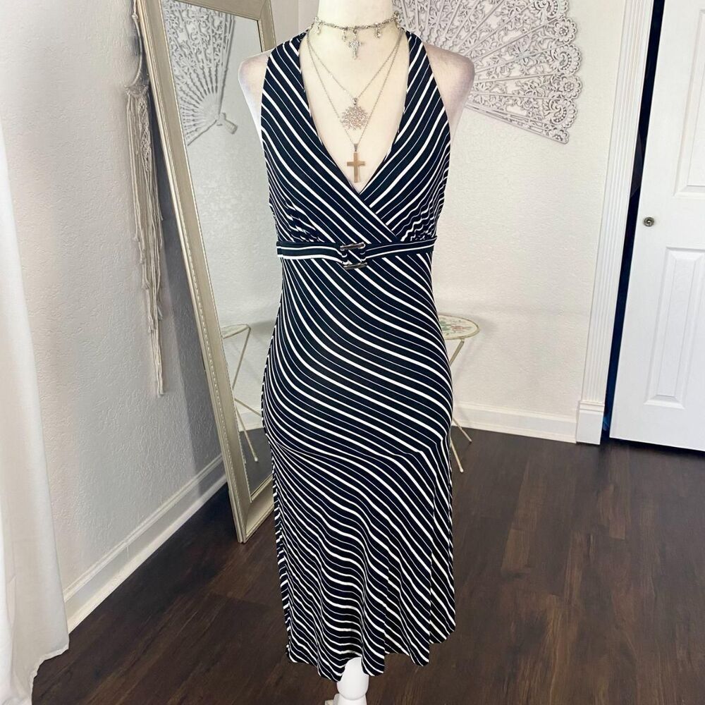 Lipstick Early 2000's Black White Striped Slinky Halter Midi Dress M